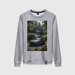 Свитшот хлопковый женский Черный суперкар стоит возле котетжа в лесу, цвет: меланж