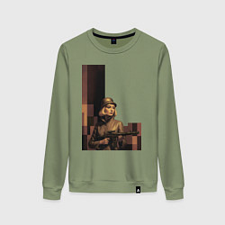 Свитшот хлопковый женский Женщина с автоматом ретрофутуризм поп-арт 1970-е, цвет: авокадо