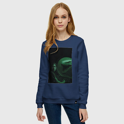 Женский свитшот Нападение Тилозавра на батискаф с девушкой ужасы / Тёмно-синий – фото 3