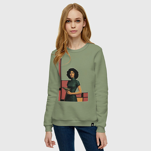 Женский свитшот Ретрофутуризм девушка с бластером поп-арт 1970-е / Авокадо – фото 3