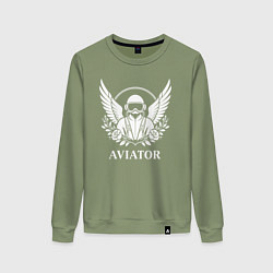 Свитшот хлопковый женский Авиатор с крыльями и цветами, цвет: авокадо
