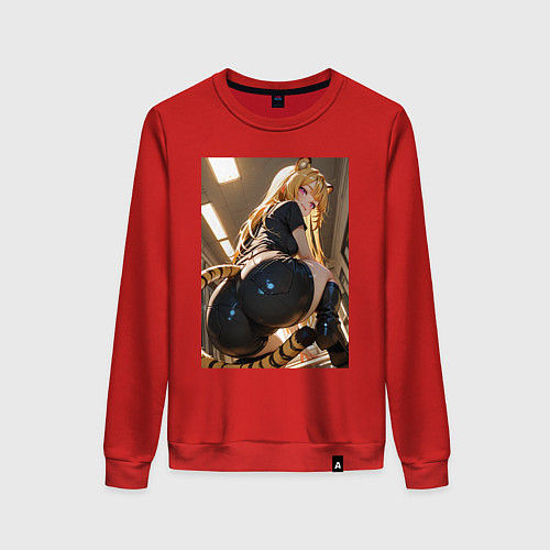 Женский свитшот Девушка-тигрица в облегающих щортиках / Красный – фото 1