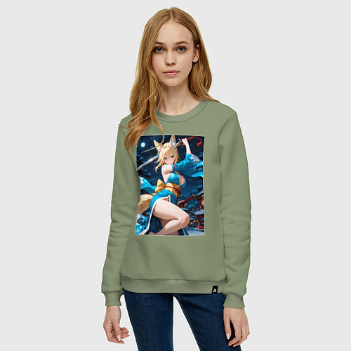 Женский свитшот Прекрасная лисица с катаной / Авокадо – фото 3
