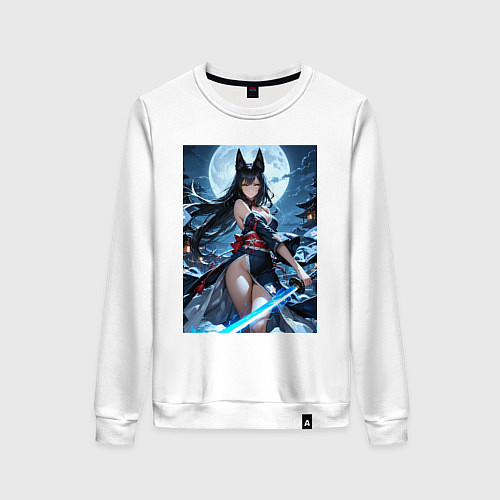 Женский свитшот Черная лиса с мечем на фоне полнолуния / Белый – фото 1