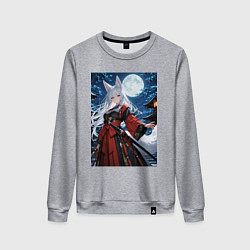 Свитшот хлопковый женский Прекрасная лиса в кимоно на фоне луны, цвет: меланж