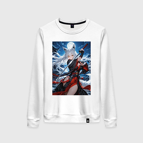 Женский свитшот Лисица изящная стойка с катаной / Белый – фото 1
