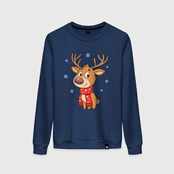 Свитшот хлопковый женский Новогодний олень и снежинки, зима, цвет: тёмно-синий