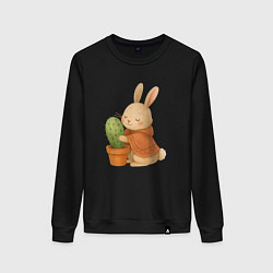 Свитшот хлопковый женский Зайчик обнимает кактус, цвет: черный