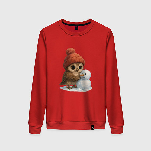 Женский свитшот Сова в шапке лепет снеговика / Красный – фото 1