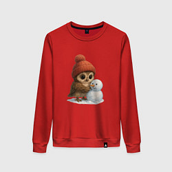 Свитшот хлопковый женский Сова в шапке лепет снеговика, цвет: красный