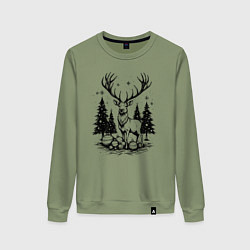 Свитшот хлопковый женский Олень в новогоднем лесу, цвет: авокадо
