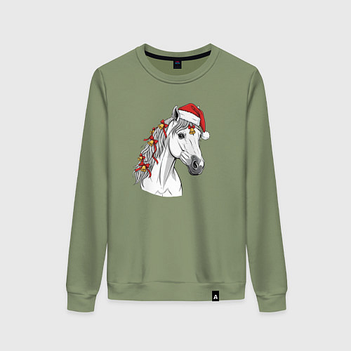 Женский свитшот Новогодний портрет лошади / Авокадо – фото 1