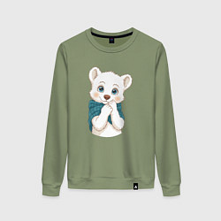 Свитшот хлопковый женский Удивлённый белый медвежонок, цвет: авокадо