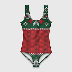 Купальник-боди 3D женский Knitted Christmas Pattern, цвет: 3D-принт
