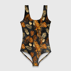Купальник-боди 3D женский Тигры и листья Тропики, цвет: 3D-принт