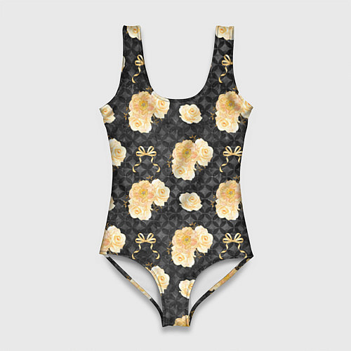 Женский купальник-боди Желтые цветы на черном фоне / 3D-принт – фото 1