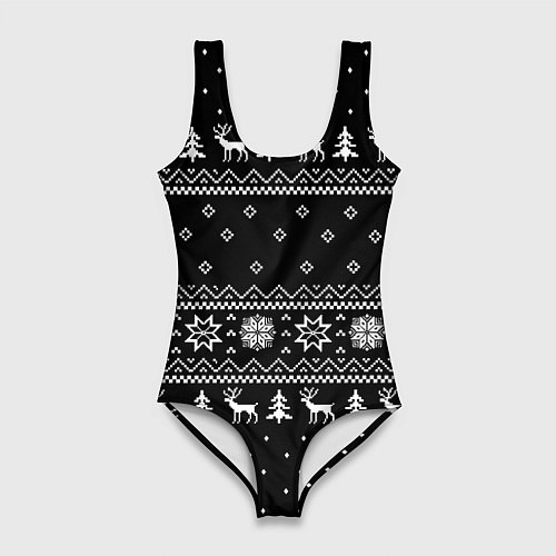 Женский купальник-боди ЧЁРНЫЙ НОВОГОДНИЙ СВИТЕР С ОЛЕНЯМИ 2022 / 3D-принт – фото 1