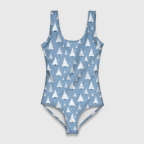 Женский купальник-боди Паттерн белые елочки на зимнем серо-голубом фоне с / 3D-принт – фото 1