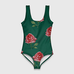 Женский купальник-боди Ярко красные розы на темно-зеленом фоне