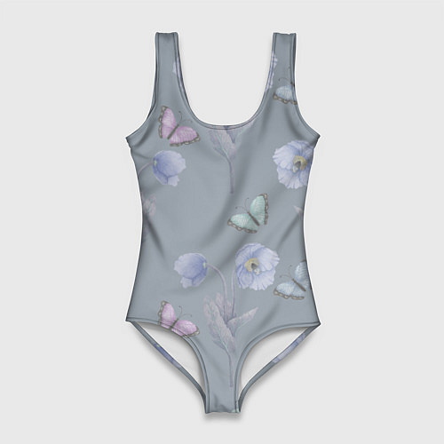 Женский купальник-боди Бабочки и цветы голубого мака / 3D-принт – фото 1