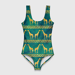 Купальник-боди 3D женский Золотые жирафы паттерн, цвет: 3D-принт