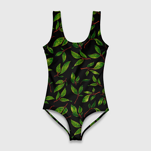 Женский купальник-боди Яркие зеленые листья на черном фоне / 3D-принт – фото 1