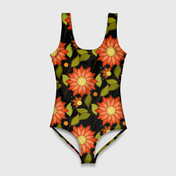 Женский купальник-боди Оранжевые цветы на черном фоне
