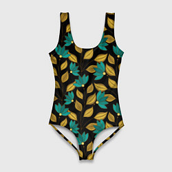 Женский купальник-боди Золотые и зеленые листья