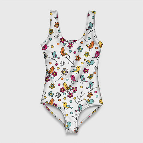Женский купальник-боди Птицы и цветы Разноцветный узор в дудл стиле / 3D-принт – фото 1