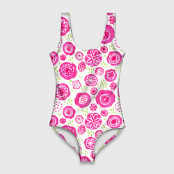 Женский купальник-боди Яркие розовые цветы в дудл стиле, абстракция