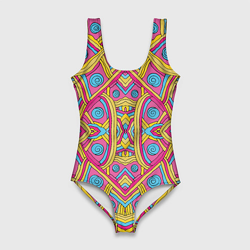 Женский купальник-боди Разноцветный и яркий узор в дудл стиле / 3D-принт – фото 1