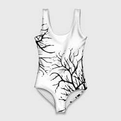 Купальник-боди 3D женский Черные ветки деревьев на белом фоне, цвет: 3D-принт