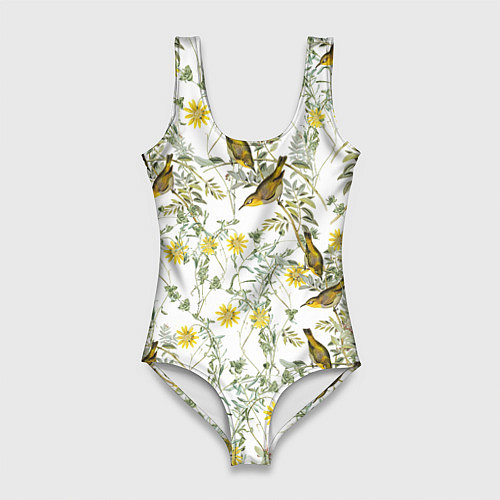 Женский купальник-боди Цветы Жёлтые С Птицами / 3D-принт – фото 1