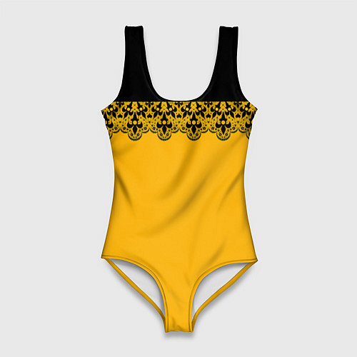 Женский купальник-боди Черное кружево на желтом фоне / 3D-принт – фото 1