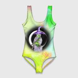 Купальник-боди 3D женский Сова-ведьма на зелено-желтом фоне, цвет: 3D-принт