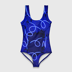Купальник-боди 3D женский Неоновые закрученные фонари - Синий, цвет: 3D-принт