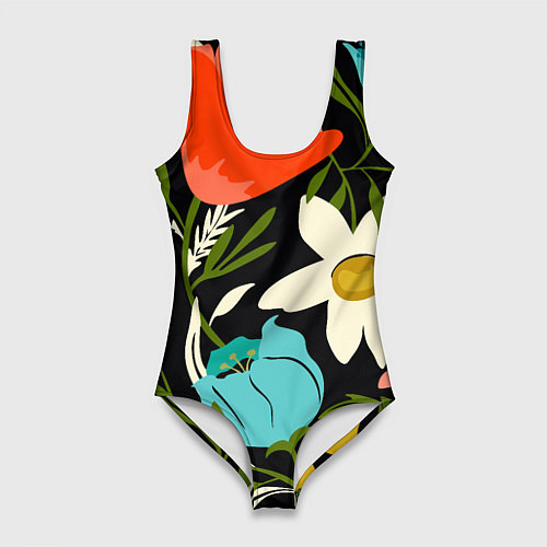 Женский купальник-боди Яркие цветы на фоне тёмной летней ночи / 3D-принт – фото 1