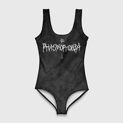 Женский купальник-боди Phasmophobia пентаграмма и крест на сером фоне