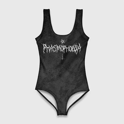 Женский купальник-боди Phasmophobia пентаграмма и крест на сером фоне / 3D-принт – фото 1