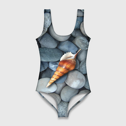 Женский купальник-боди Одинокая ракушка среди морских камней / 3D-принт – фото 1