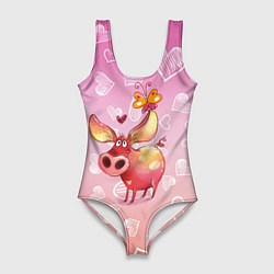 Женский купальник-боди Свинка с большими ушами и с бабочкой