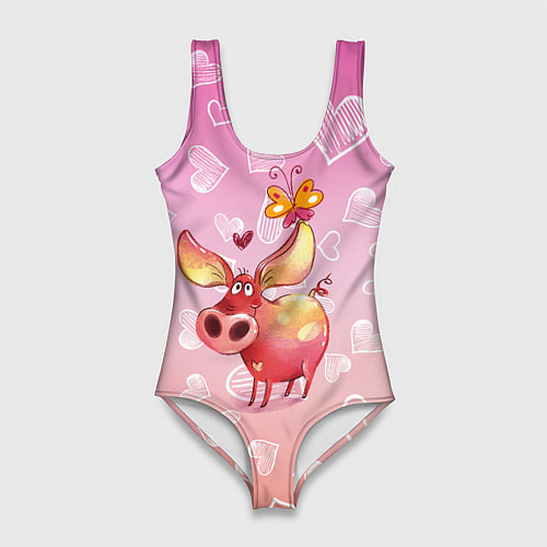 Женский купальник-боди Свинка с большими ушами и с бабочкой / 3D-принт – фото 1