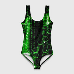 Купальник-боди 3D женский Зелёный программный код, цвет: 3D-принт