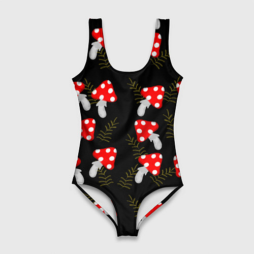 Женский купальник-боди Мухоморы на черном фоне / 3D-принт – фото 1