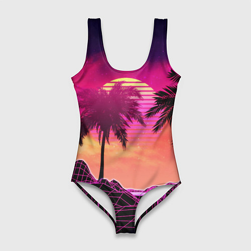 Женский купальник-боди Пальмы и пляж в розовом закате ретро дизайн / 3D-принт – фото 1