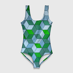 Женский купальник-боди Зелёные и серые абстрактные кубы с оптической иллю