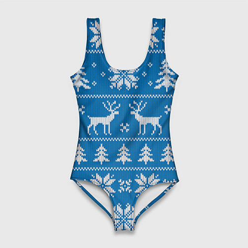 Женский купальник-боди Рождественский синий свитер с оленями / 3D-принт – фото 1