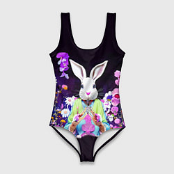 Женский купальник-боди Кролик в цветах на черном фоне
