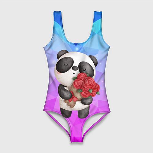 Женский купальник-боди Панда с букетом цветов / 3D-принт – фото 1