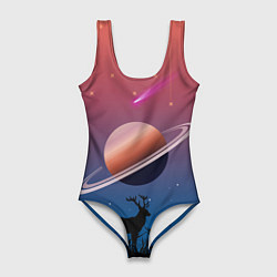 Женский купальник-боди Сатурн на фоне падающих звезд и кометы